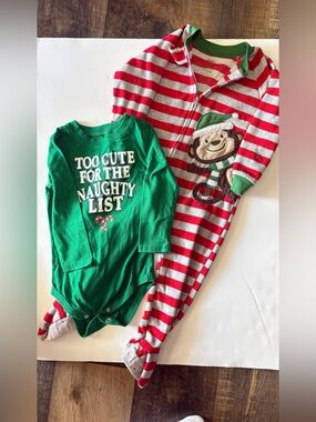 Carter's Green Bodysuit & Red-White Striped Monkey Footed Pajamas